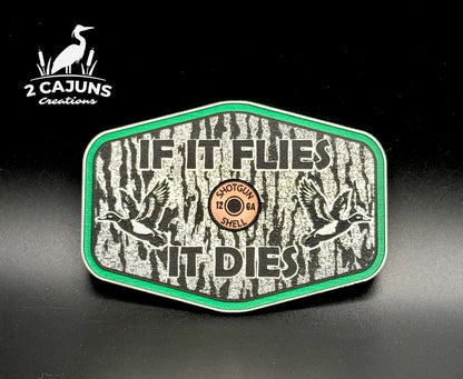 If It Flies Acrylic Hat Patch Tree Bark Design with Copper Acrylic Insert - 2 Pieces - 4 Colors Available - LoneStar Adhesive