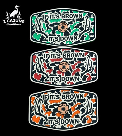 If It's Brown It's Down Acrylic Hat Patch with Copper Acrylic Insert Merica Edition - 2 Pieces - 3 Colors Available - LoneStar Adhesive