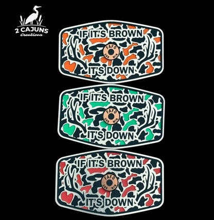 If It's Brown It's Down Acrylic Hat Patch with Copper Shell - 2 Pieces - 3 Colors Available - LoneStar Adhesive