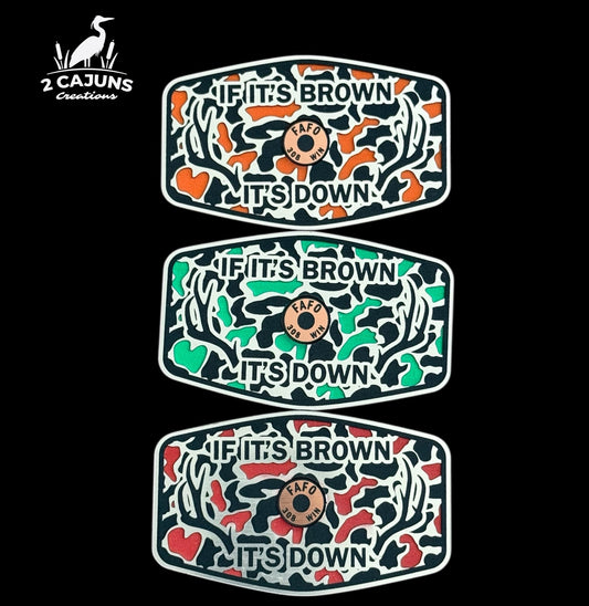 If It's Brown It's Down Acrylic Hat Patch with Copper Shell - 2 Pieces - 3 Colors Available - LoneStar Adhesive