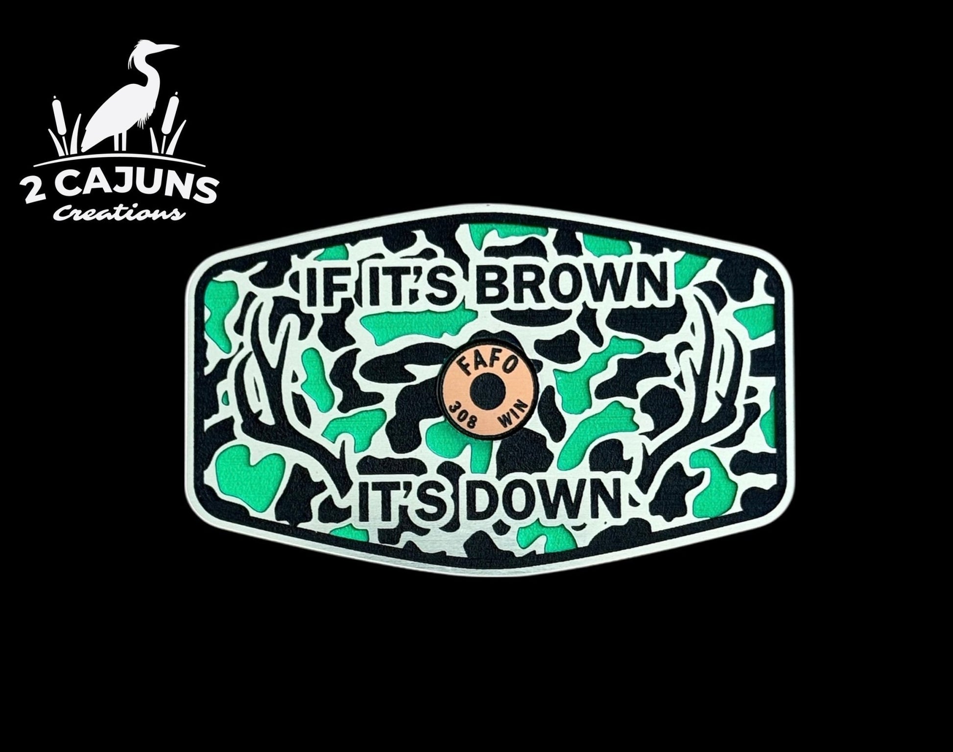 If It's Brown It's Down Acrylic Hat Patch with Copper Shell - 2 Pieces - 3 Colors Available - LoneStar Adhesive