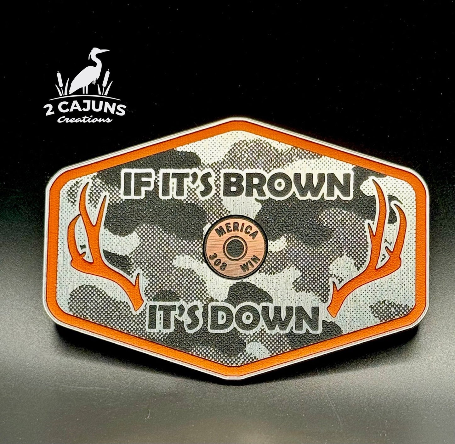 If It's Brown It's Down Acrylic Linen Camo Design Hat Patch with Copper Acrylic Insert Merica Edition - 2 Pieces - 4 Colors Available - LoneStar Adhesive