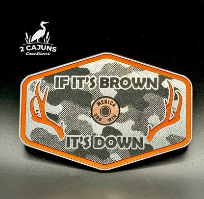 If It's Brown It's Down Acrylic Linen Camo Design Hat Patch with Copper Acrylic Insert Merica Edition - 2 Pieces - 4 Colors Available - LoneStar Adhesive