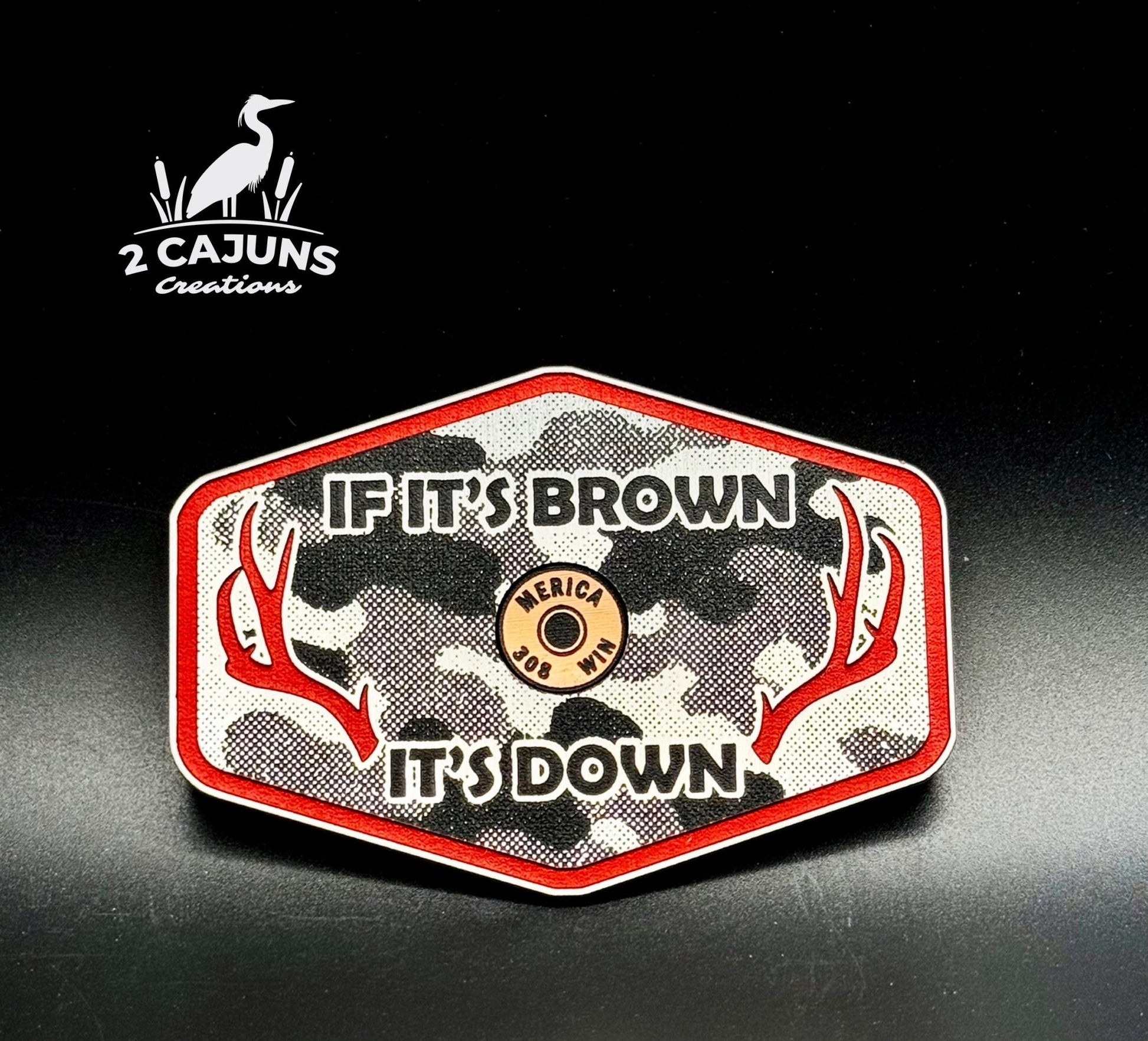 If It's Brown It's Down Acrylic Linen Camo Design Hat Patch with Copper Acrylic Insert Merica Edition - 2 Pieces - 4 Colors Available - LoneStar Adhesive