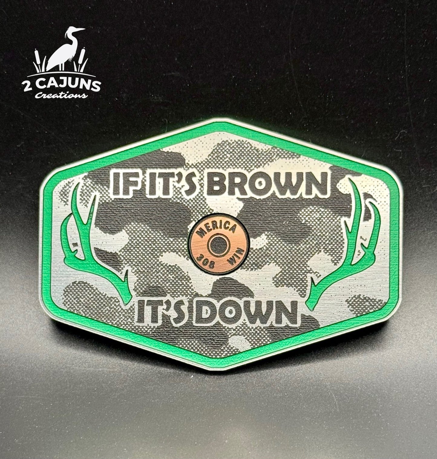 If It's Brown It's Down Acrylic Linen Camo Design Hat Patch with Copper Acrylic Insert Merica Edition - 2 Pieces - 4 Colors Available - LoneStar Adhesive
