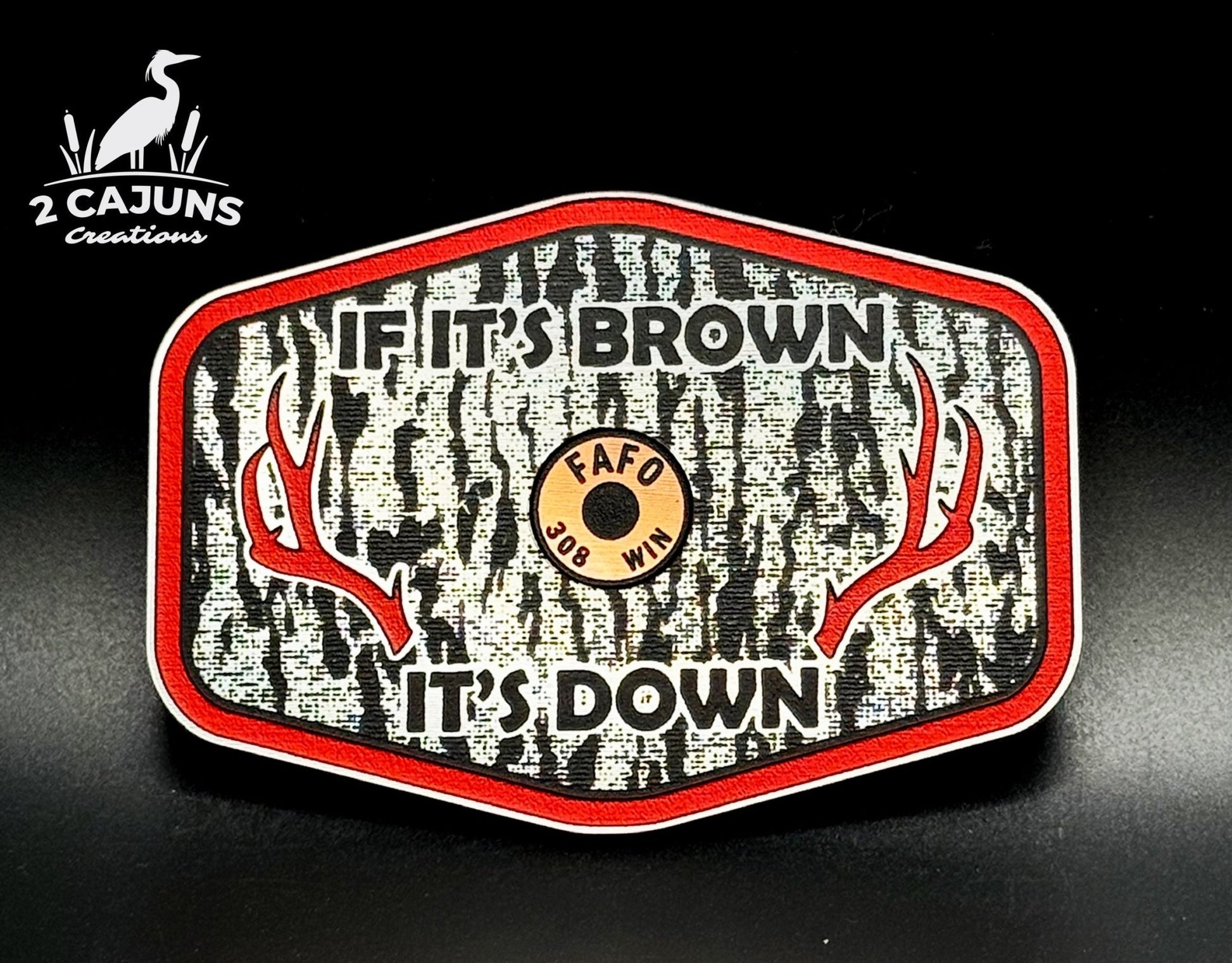 If It's Brown It's Down Acrylic Tree Bark Design Hat Patch with Copper Acrylic Insert FAFO Edition - 2 Pieces - 4 Colors Available - LoneStar Adhesive