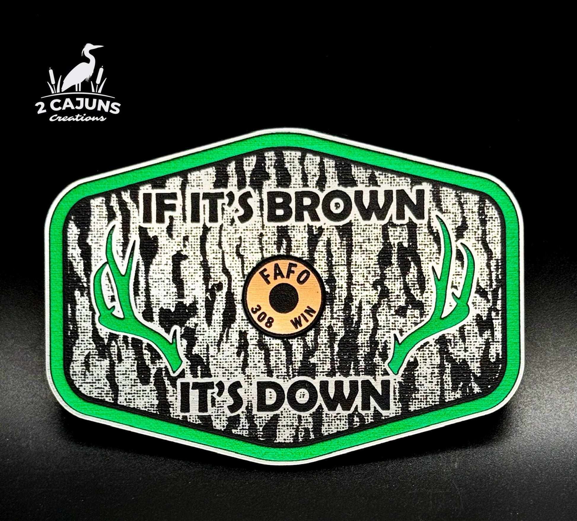 If It's Brown It's Down Acrylic Tree Bark Design Hat Patch with Copper Acrylic Insert FAFO Edition - 2 Pieces - 4 Colors Available - LoneStar Adhesive