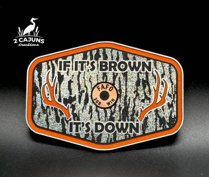 If It's Brown It's Down Acrylic Tree Bark Design Hat Patch with Copper Acrylic Insert FAFO Edition - 2 Pieces - 4 Colors Available - LoneStar Adhesive