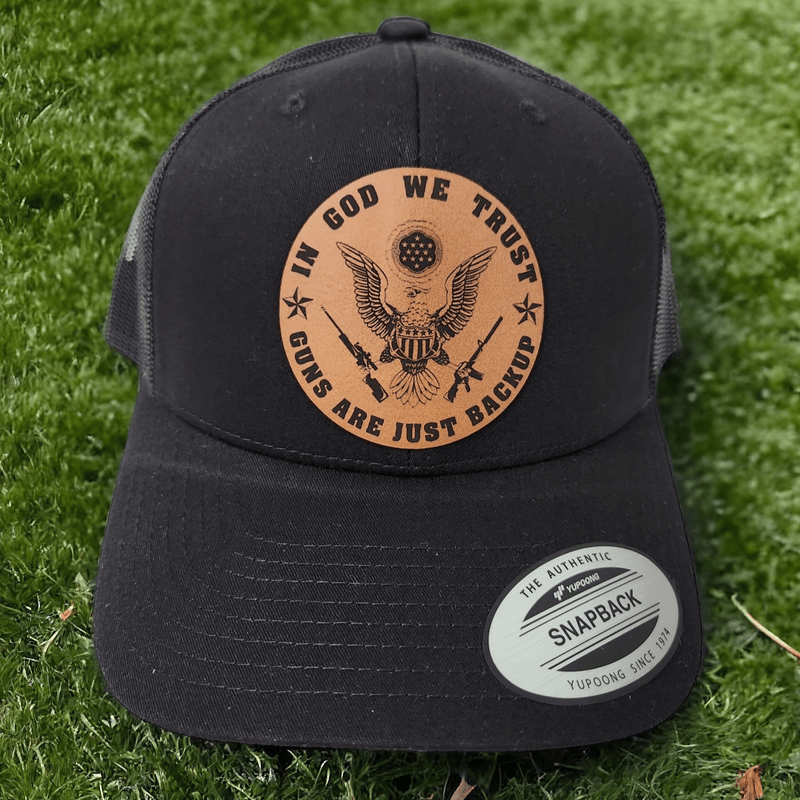 In God We Trust, Guns Are Just Backup Leather Patch Trucker Hat - #LoneStar Adhesive#