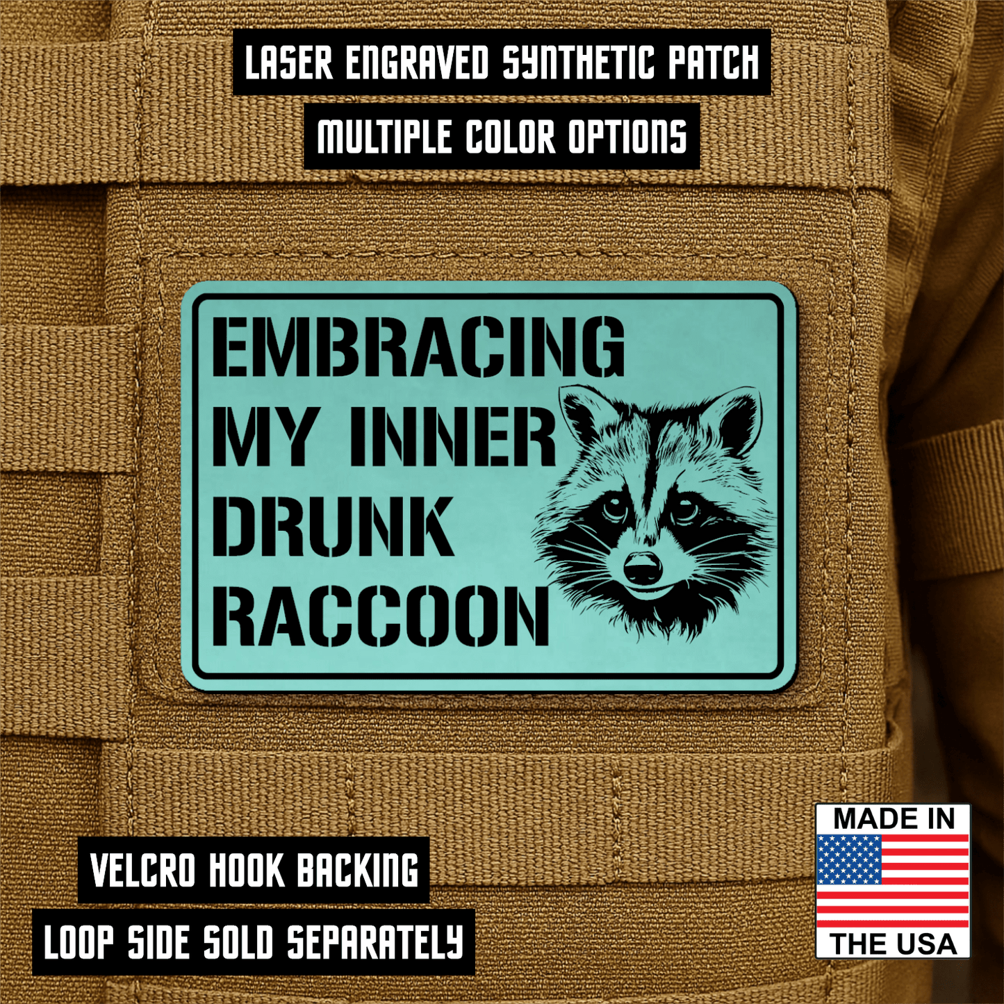Inner Drunk Raccoon Funny Morale Patch 2"x3" Hook & Loop | Made in USA - LoneStar Adhesive