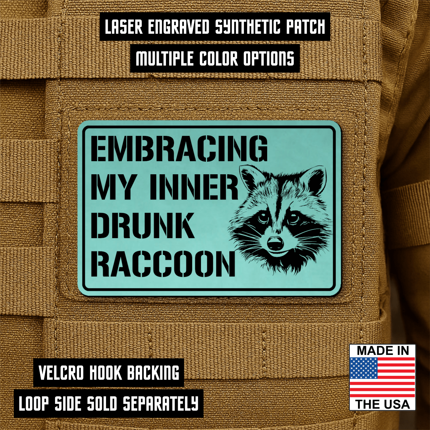 Inner Drunk Raccoon Funny Morale Patch 2"x3" Hook & Loop | Made in USA - LoneStar Adhesive