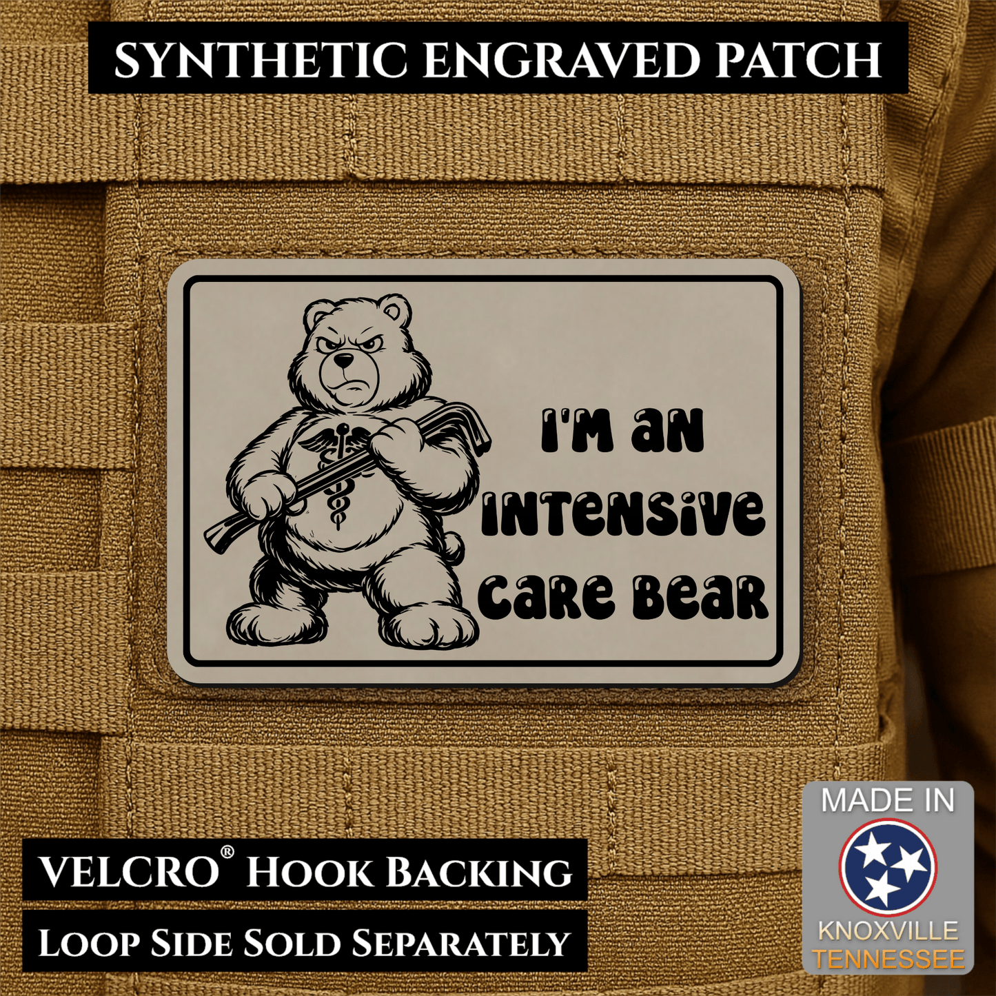 Intensive Care Bear Funny Nurse Medic Morale Patch | Made in USA | VELCRO® Brand Hook Backing - LoneStar Adhesive