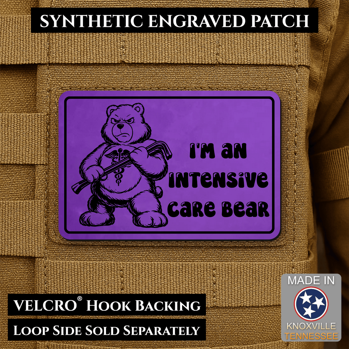 Intensive Care Bear Funny Nurse Medic Morale Patch | Made in USA | VELCRO® Brand Hook Backing - LoneStar Adhesive