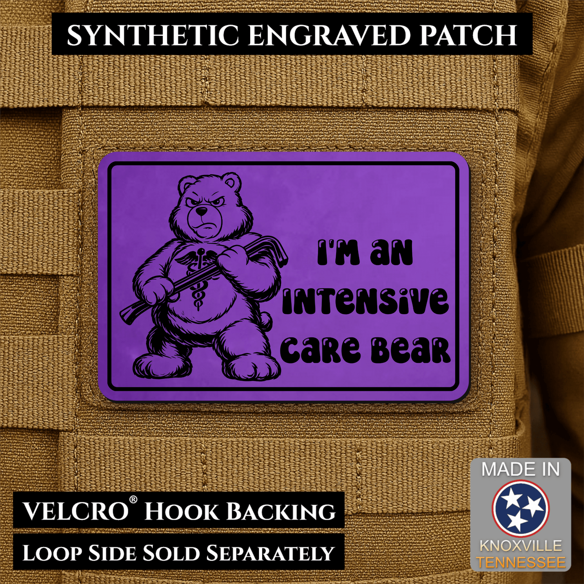 Intensive Care Bear Funny Nurse Medic Morale Patch | Made in USA | VELCRO® Brand Hook Backing - LoneStar Adhesive