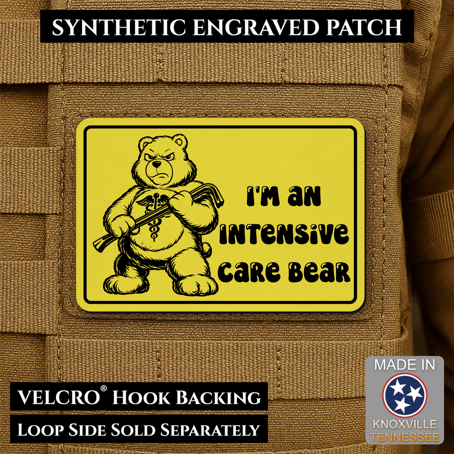 Intensive Care Bear Funny Nurse Medic Morale Patch | Made in USA | VELCRO® Brand Hook Backing - LoneStar Adhesive