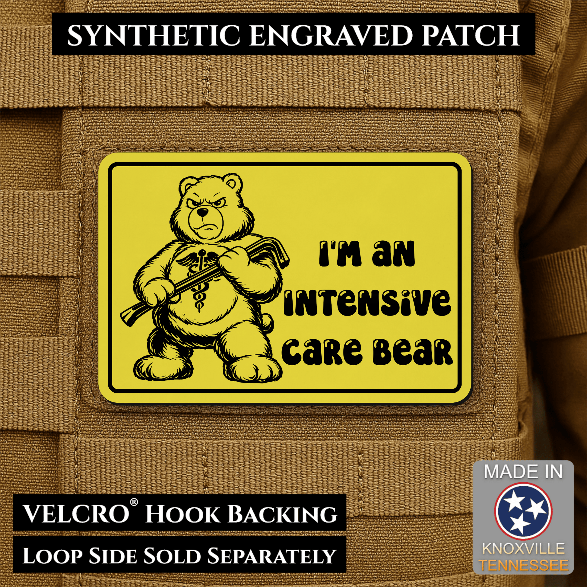 Intensive Care Bear Funny Nurse Medic Morale Patch | Made in USA | VELCRO® Brand Hook Backing - LoneStar Adhesive