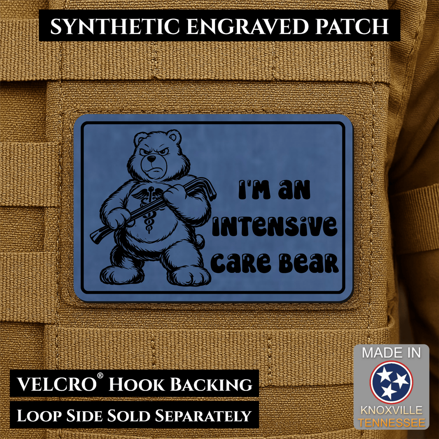 Intensive Care Bear Funny Nurse Medic Morale Patch | Made in USA | VELCRO® Brand Hook Backing - LoneStar Adhesive