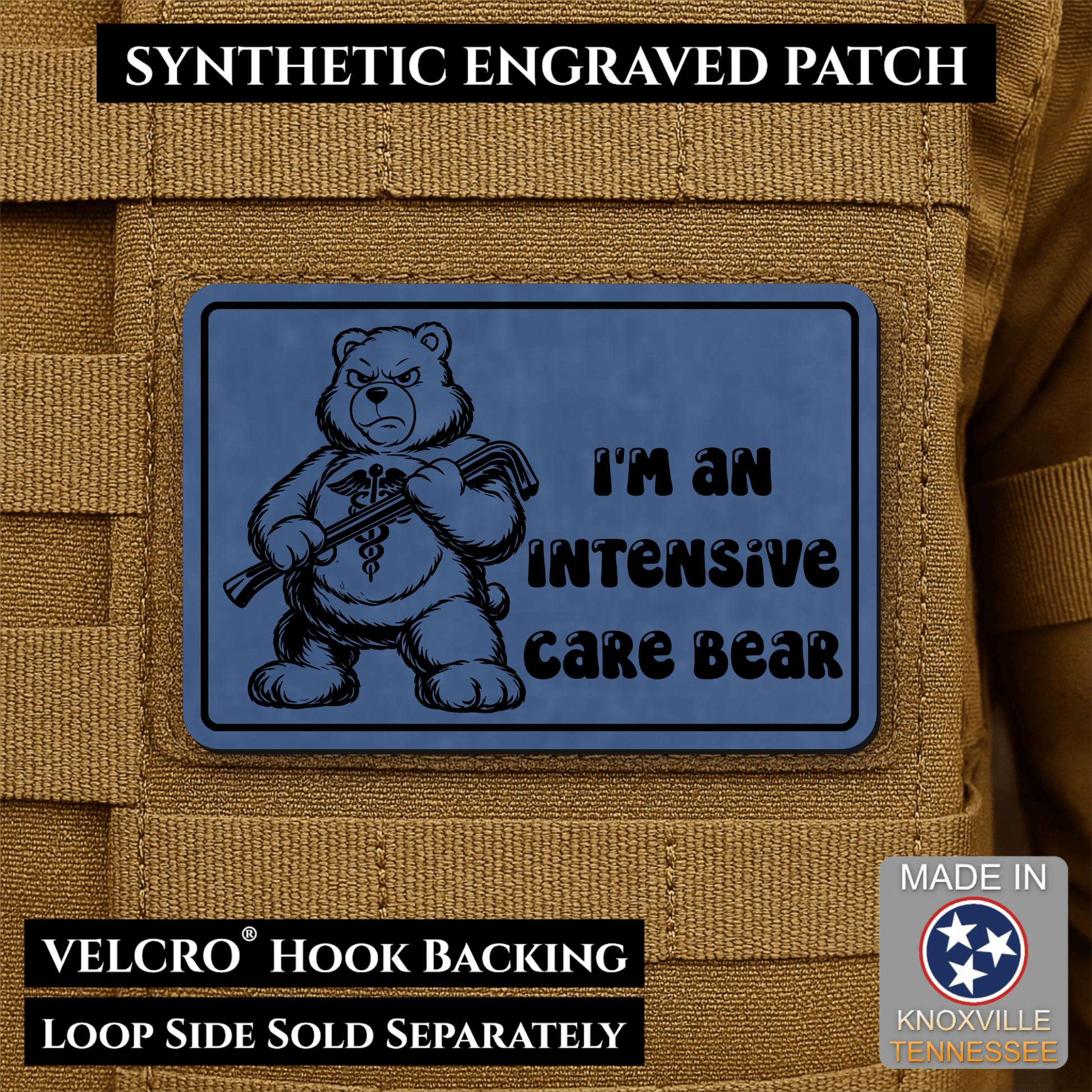 Intensive Care Bear Funny Nurse Medic Morale Patch | Made in USA | VELCRO® Brand Hook Backing - LoneStar Adhesive