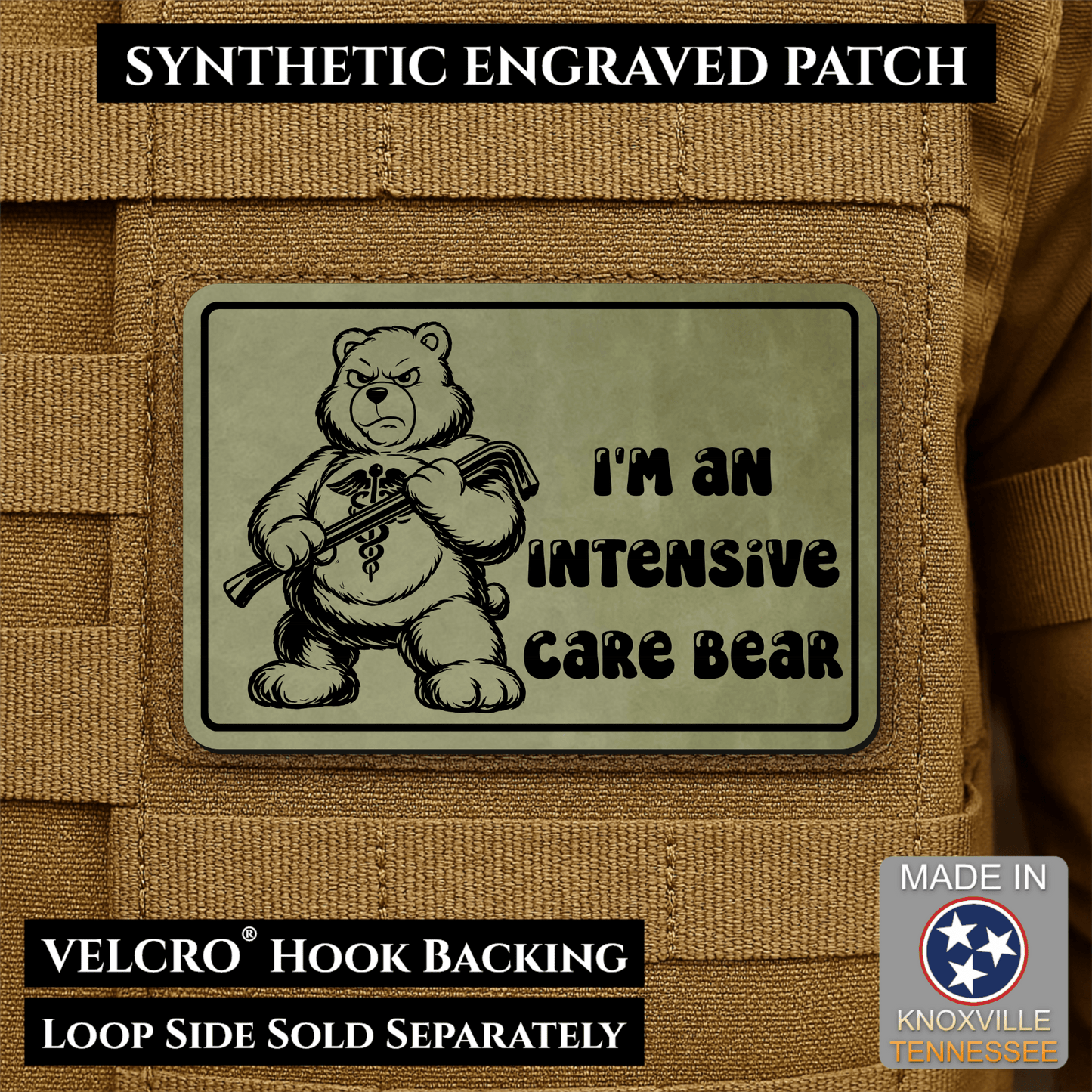 Intensive Care Bear Funny Nurse Medic Morale Patch | Made in USA | VELCRO® Brand Hook Backing - LoneStar Adhesive