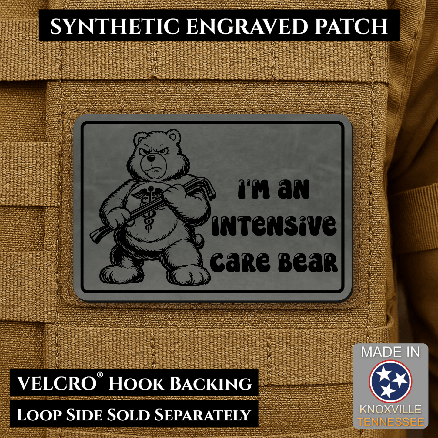 Intensive Care Bear Funny Nurse Medic Morale Patch | Made in USA | VELCRO® Brand Hook Backing - LoneStar Adhesive