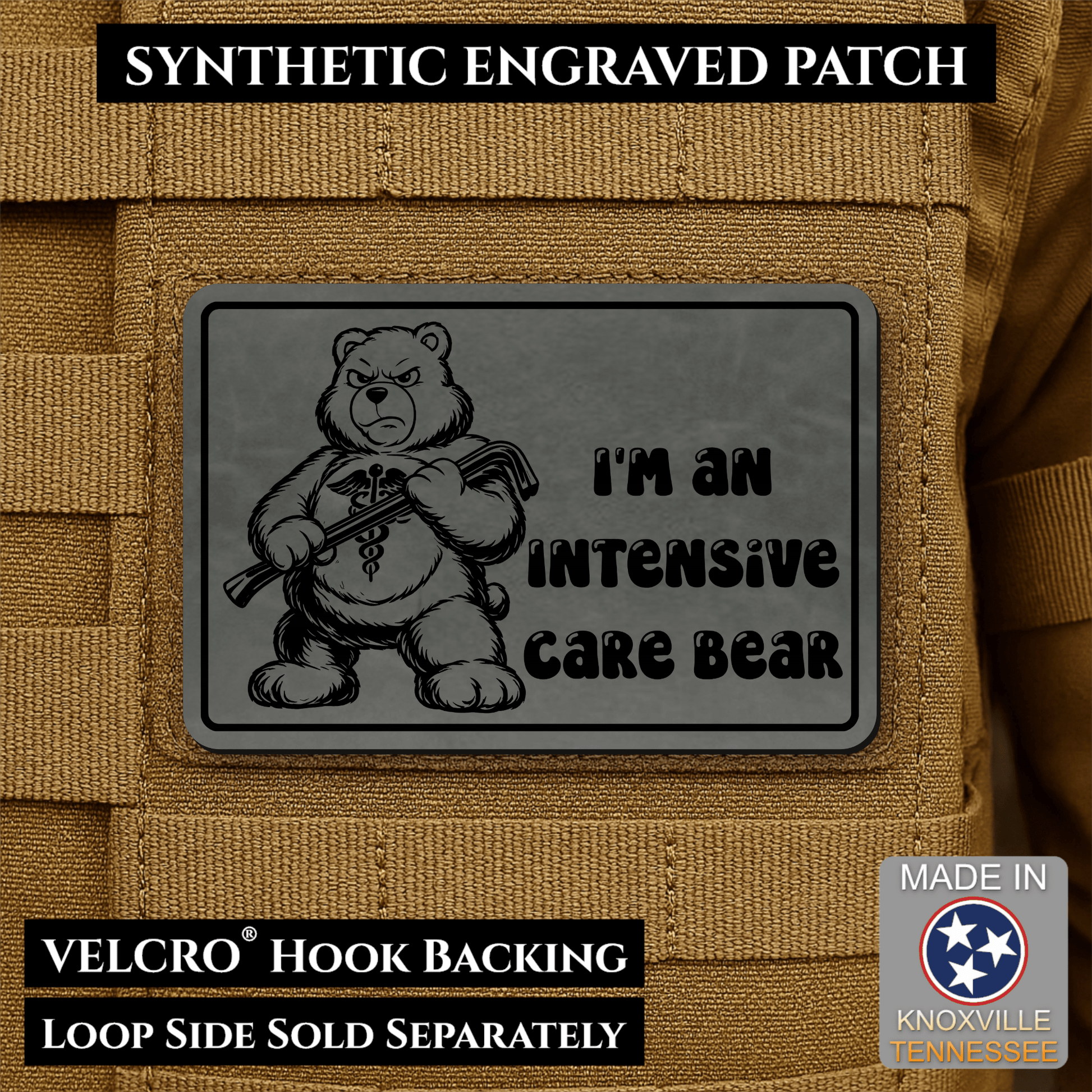 Intensive Care Bear Funny Nurse Medic Morale Patch | Made in USA | VELCRO® Brand Hook Backing - LoneStar Adhesive