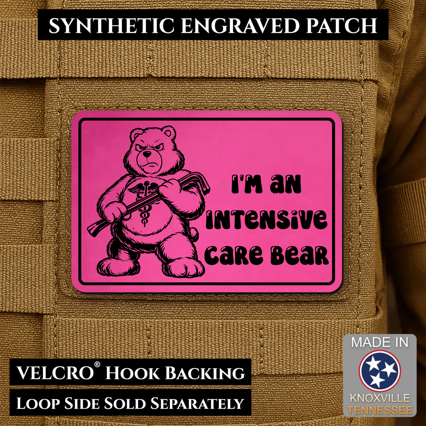 Intensive Care Bear Funny Nurse Medic Morale Patch | Made in USA | VELCRO® Brand Hook Backing - LoneStar Adhesive