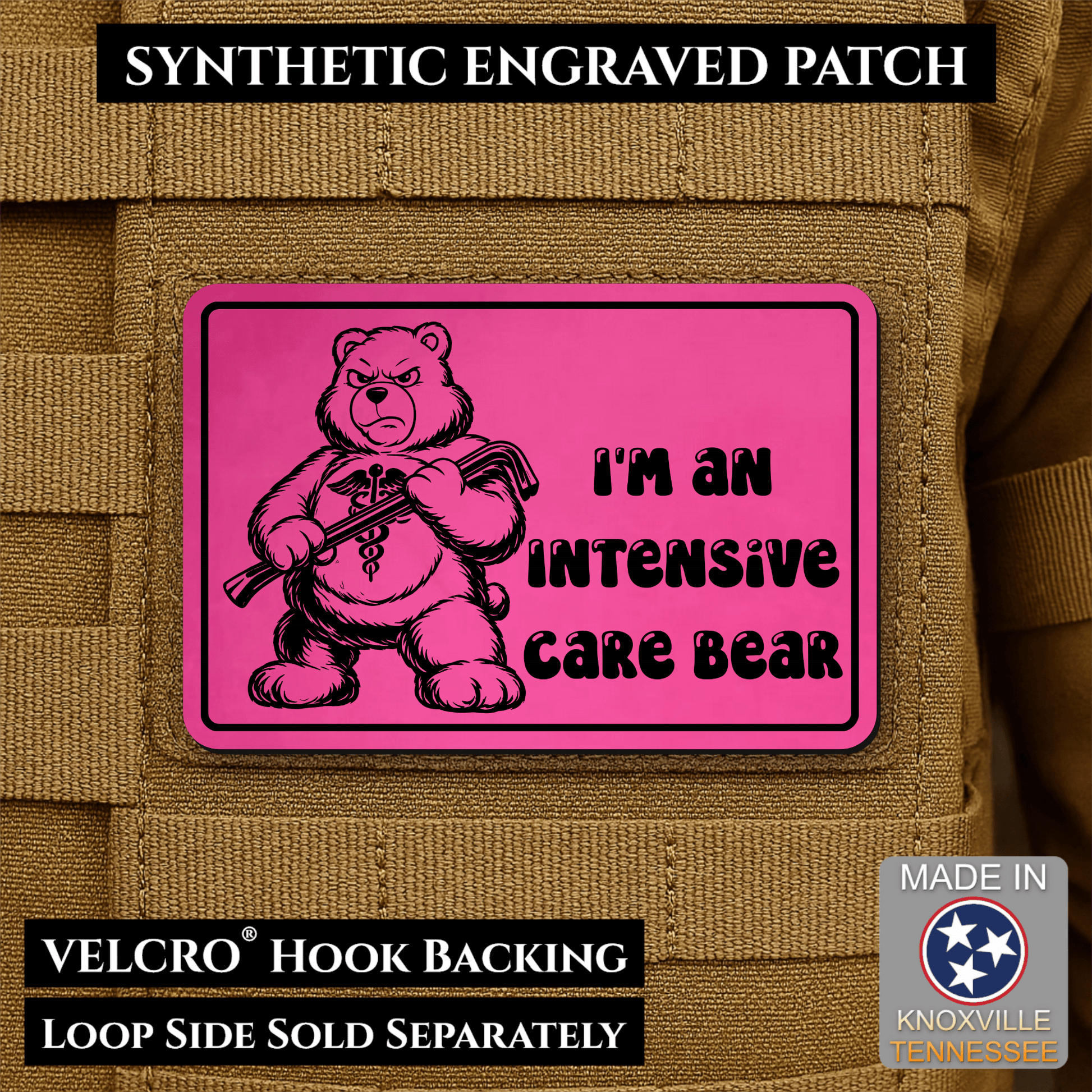 Intensive Care Bear Funny Nurse Medic Morale Patch | Made in USA | VELCRO® Brand Hook Backing - LoneStar Adhesive