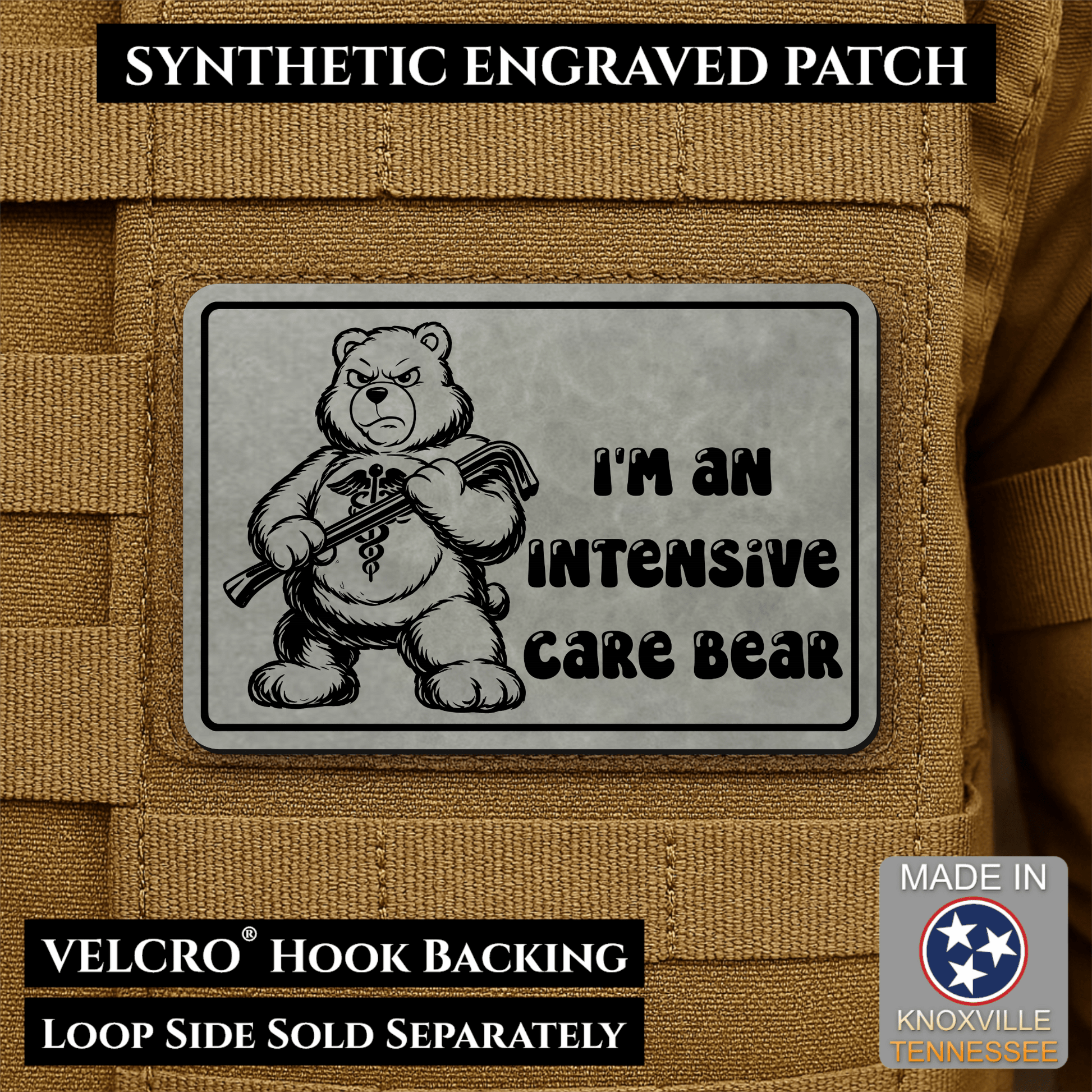 Intensive Care Bear Funny Nurse Medic Morale Patch | Made in USA | VELCRO® Brand Hook Backing - LoneStar Adhesive