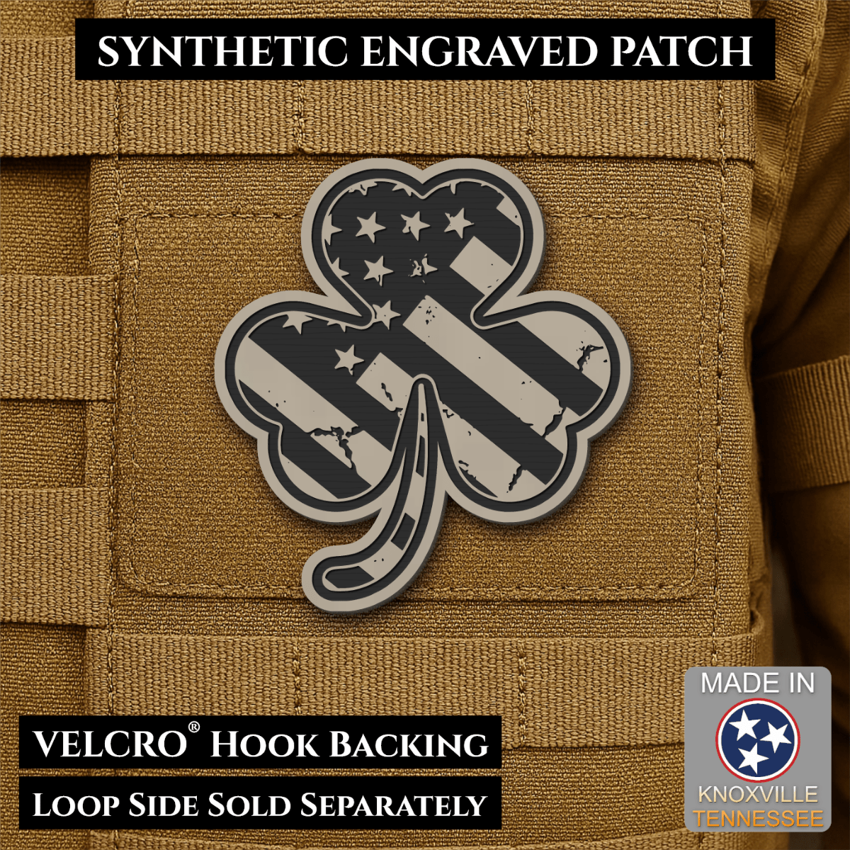 Front design and hook backing of Irish American, Shamrock patch in sand (light tan)