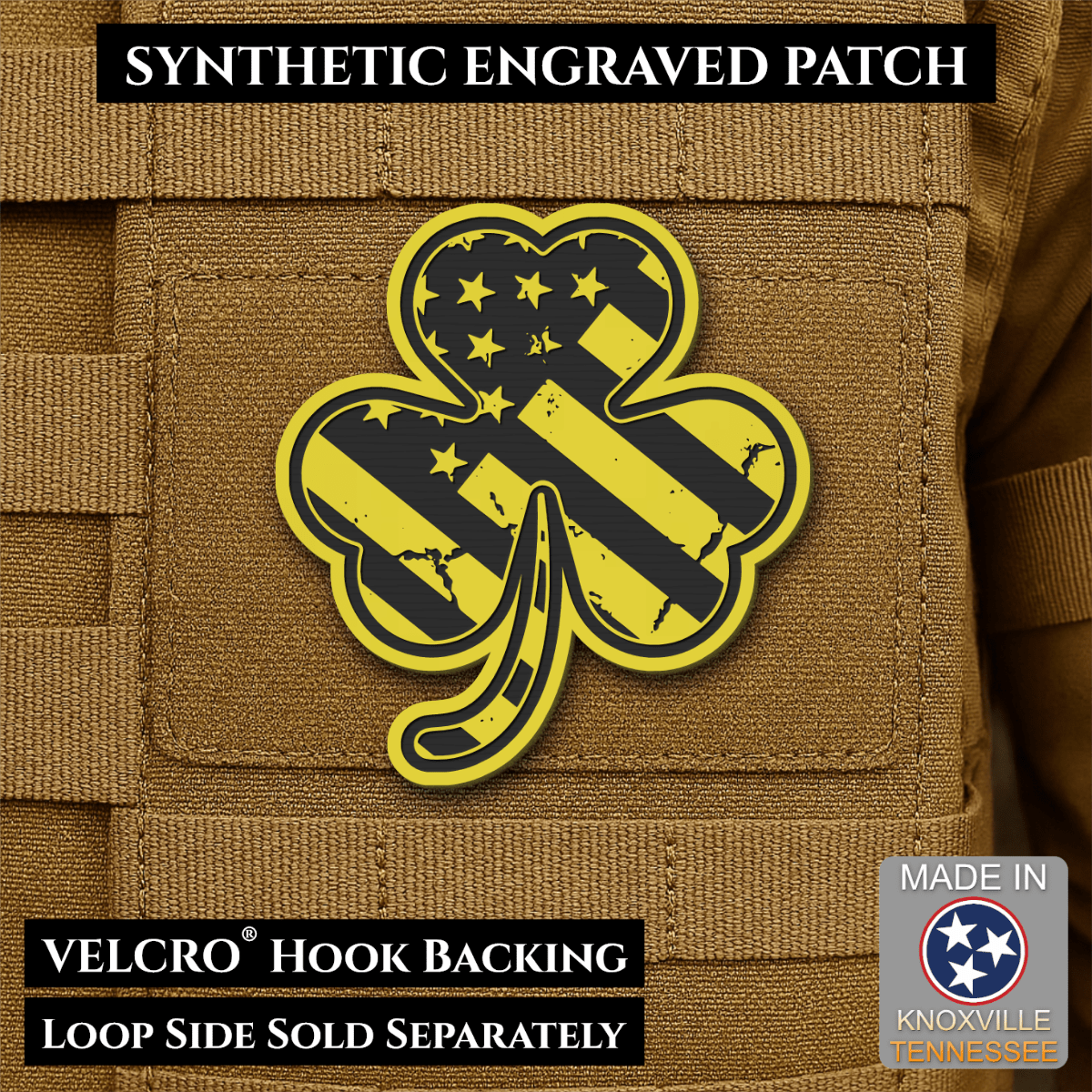 Front design and hook backing of Irish American, Shamrock patch in yellow