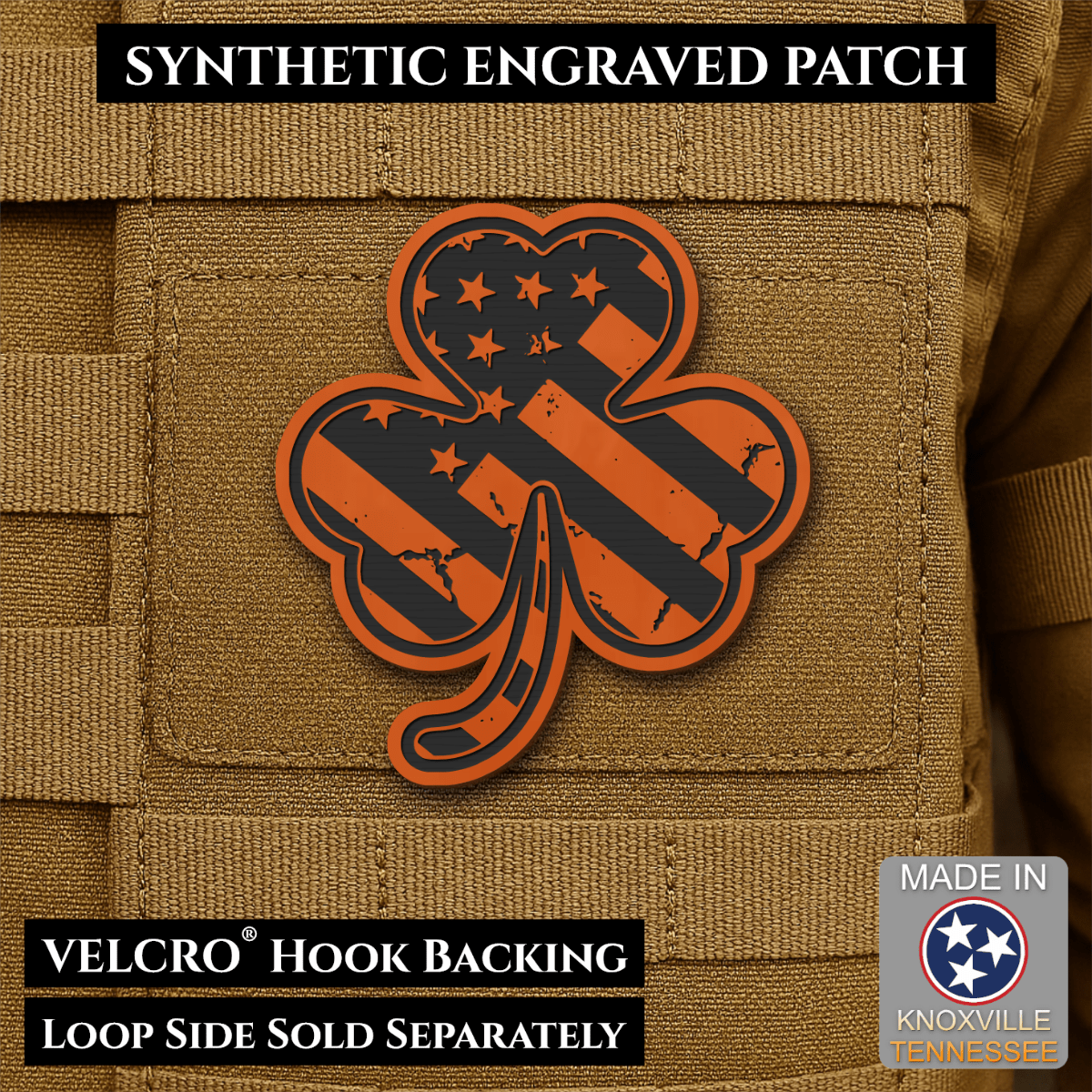 Front design and hook backing of Irish American, Shamrock patch in orange