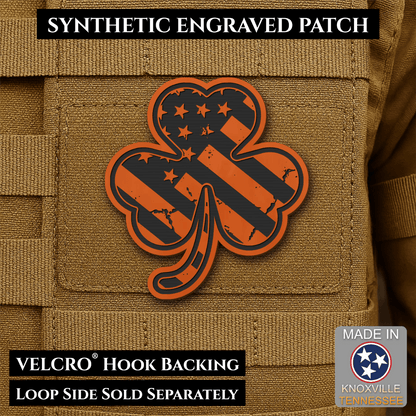Front design and hook backing of Irish American, Shamrock patch in orange