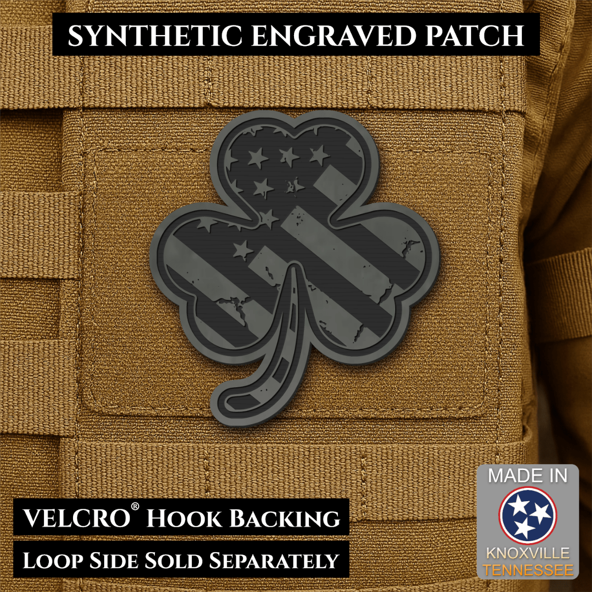 Front design and hook backing of Irish American, Shamrock patch in charcoal gray