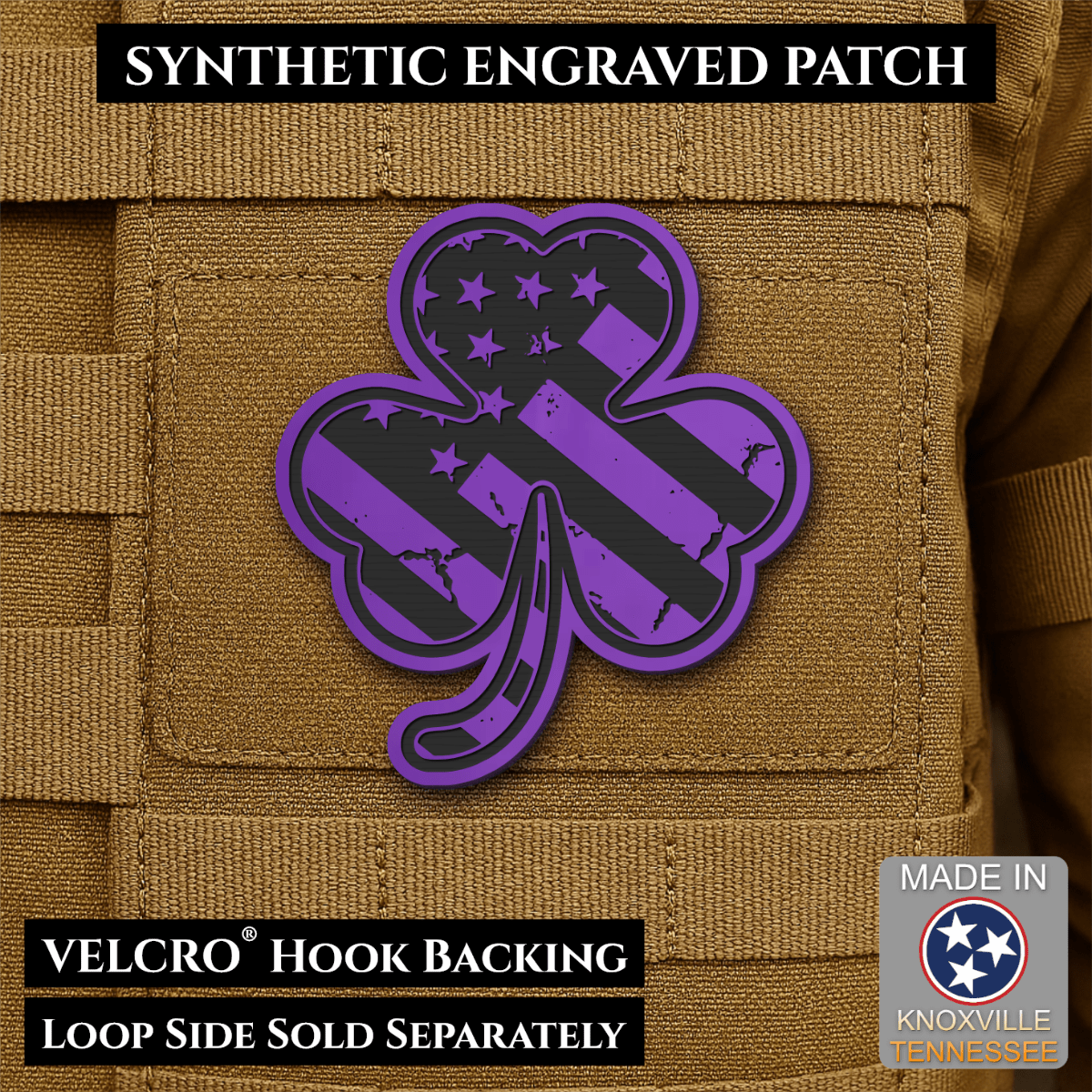 Front design and hook backing of Irish American, Shamrock patch in purple