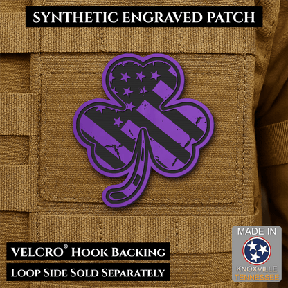 Front design and hook backing of Irish American, Shamrock patch in purple