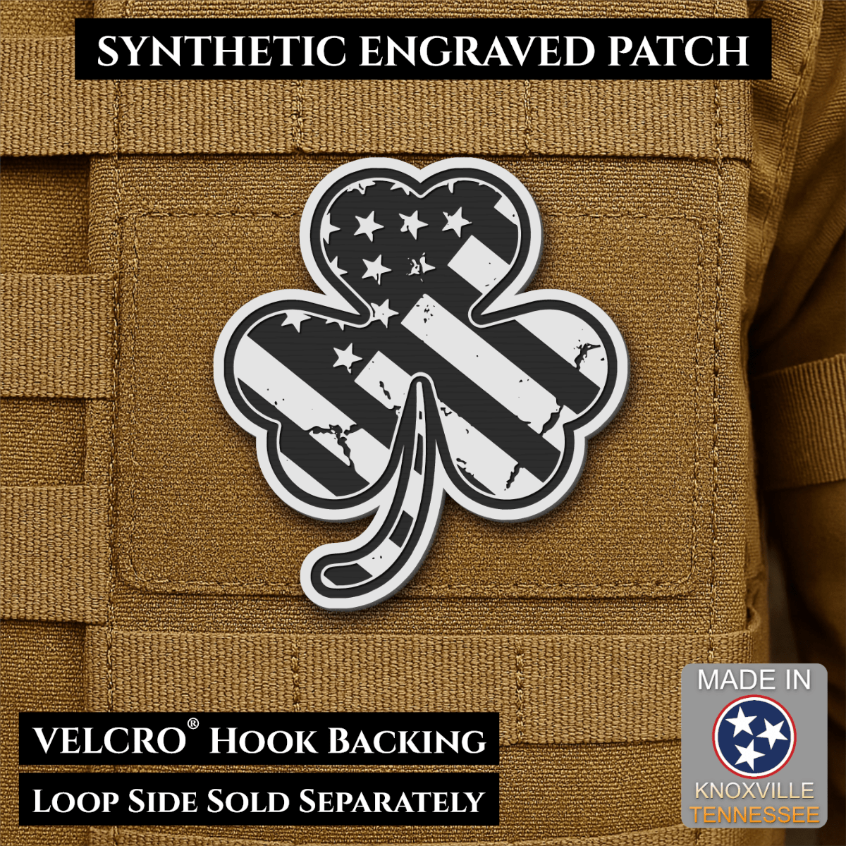 Front design and hook backing of Irish American, Shamrock patch in white