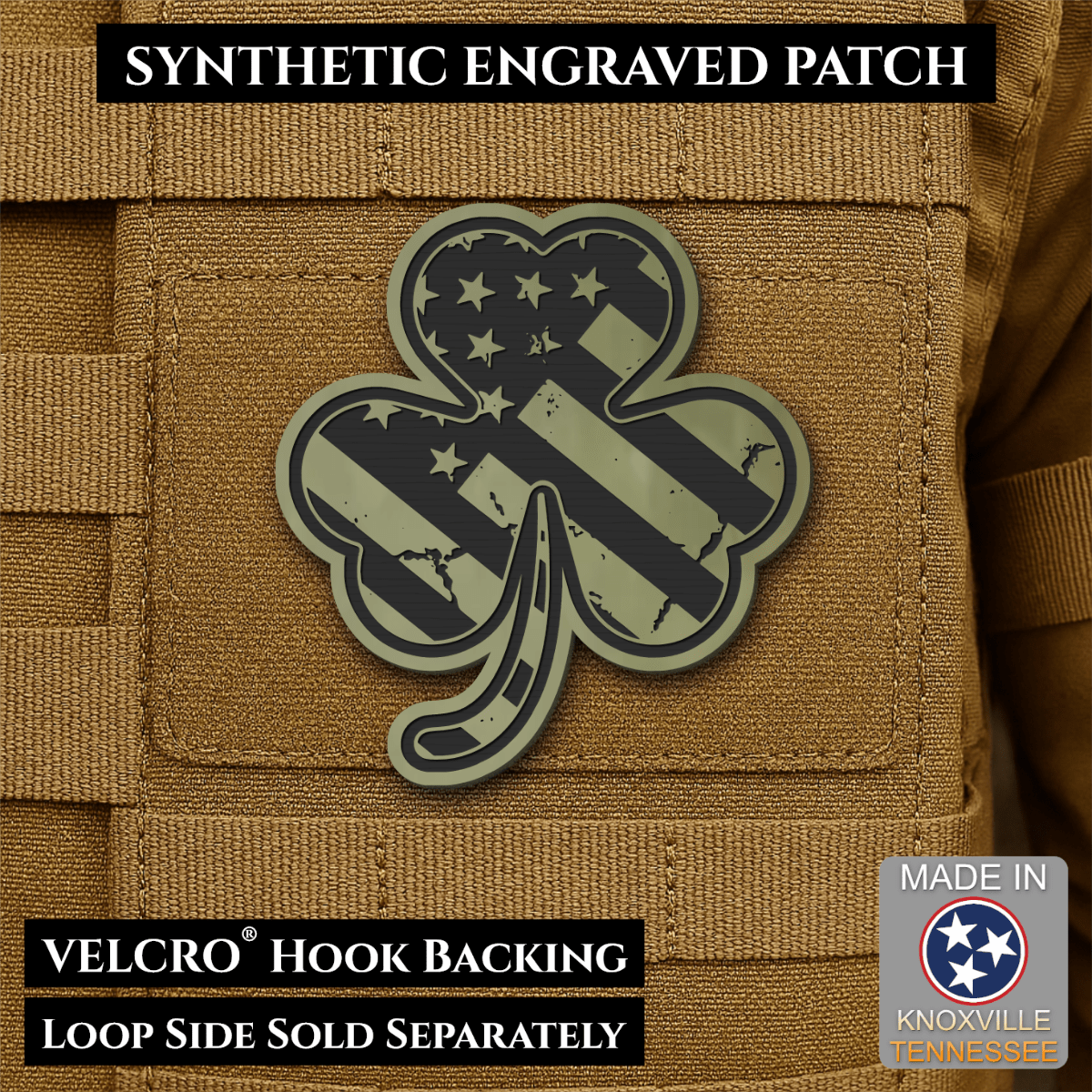 Front design and hook backing of Irish American, Shamrock patch in olive green