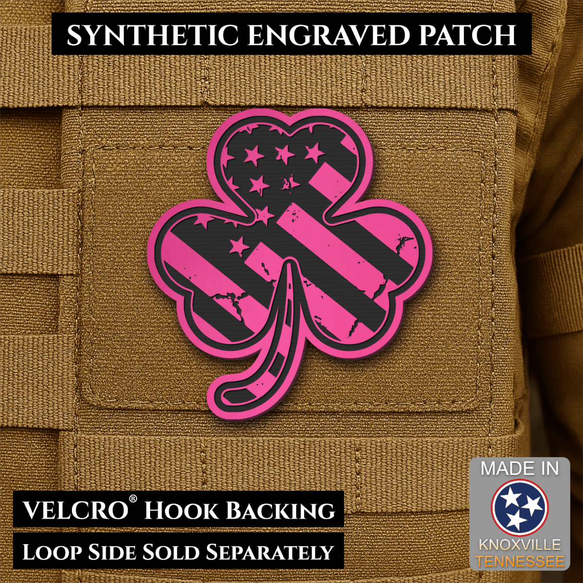 Front design and hook backing of Irish American, Shamrock patch in pink