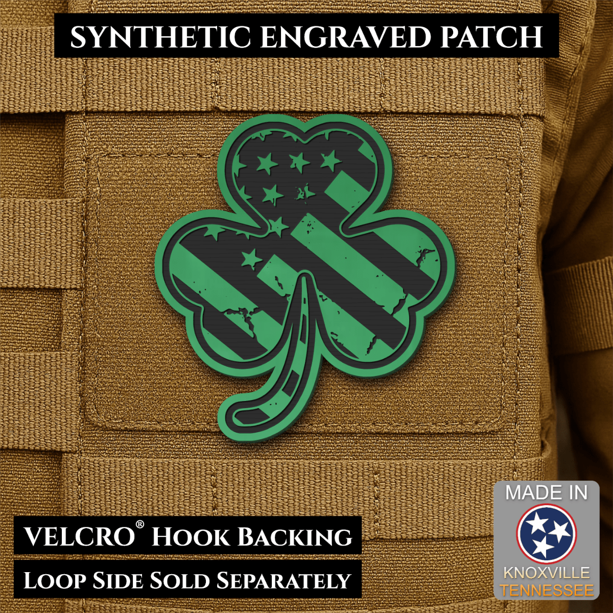 Front design and hook backing of Irish American, Shamrock patch in green