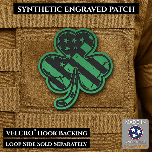 Front design and hook backing of Irish American, Shamrock patch in green