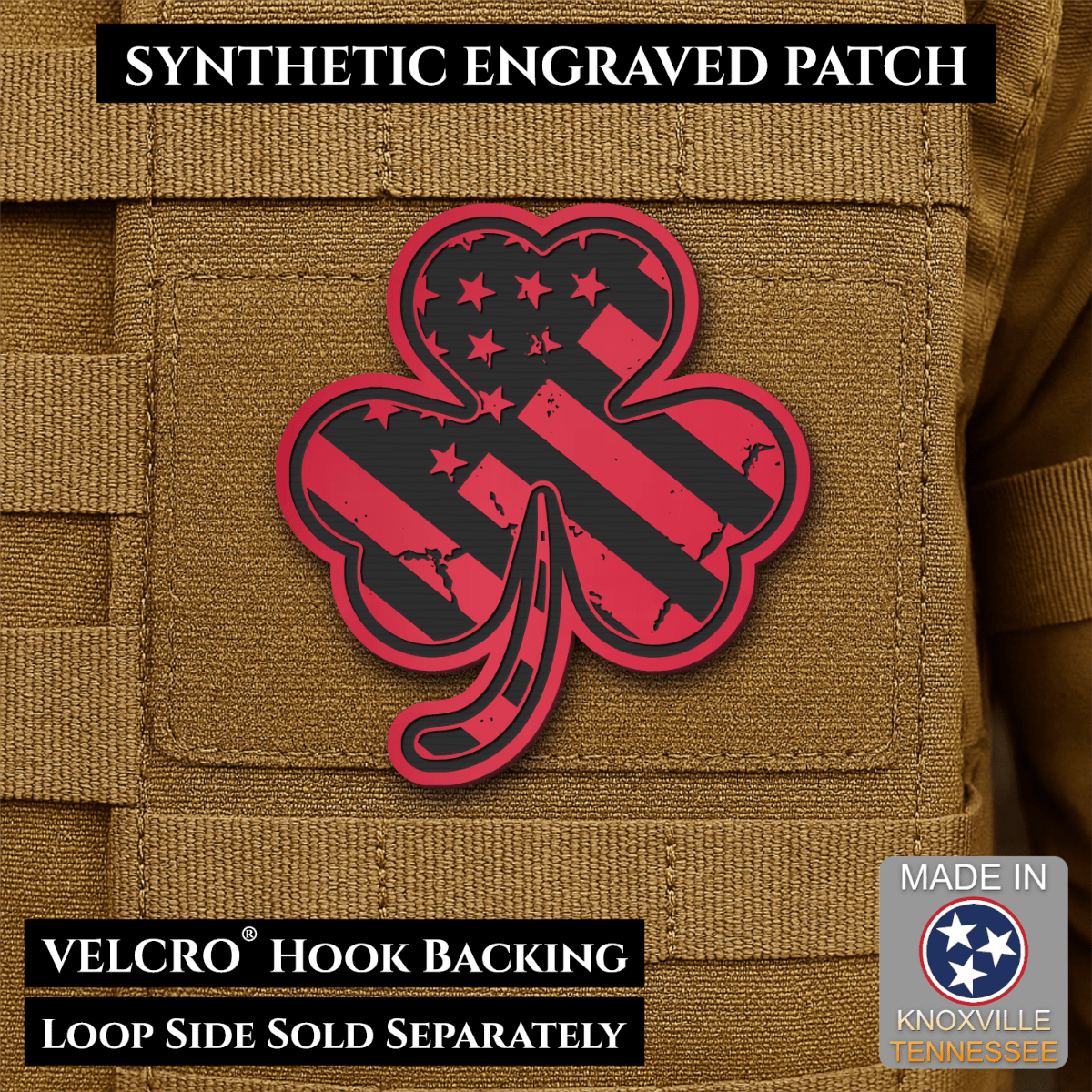 Front design and hook backing of Irish American, Shamrock patch in red