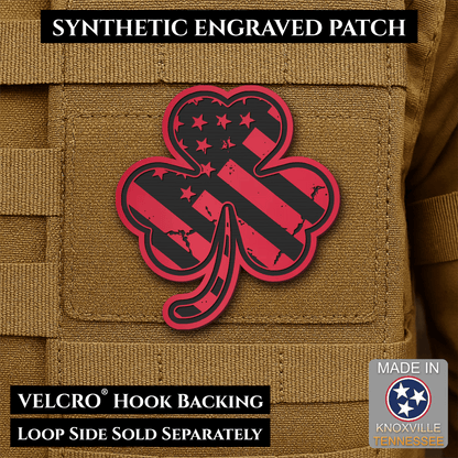 Front design and hook backing of Irish American, Shamrock patch in red
