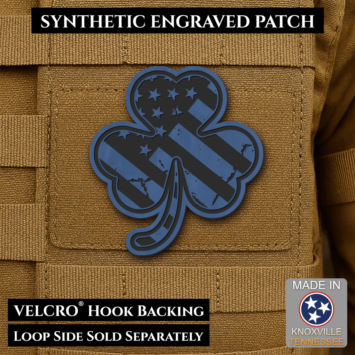 Front design and hook backing of Irish American, Shamrock patch in indigo blue