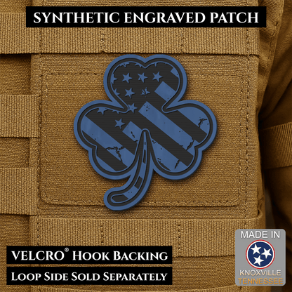 Front design and hook backing of Irish American, Shamrock patch in indigo blue