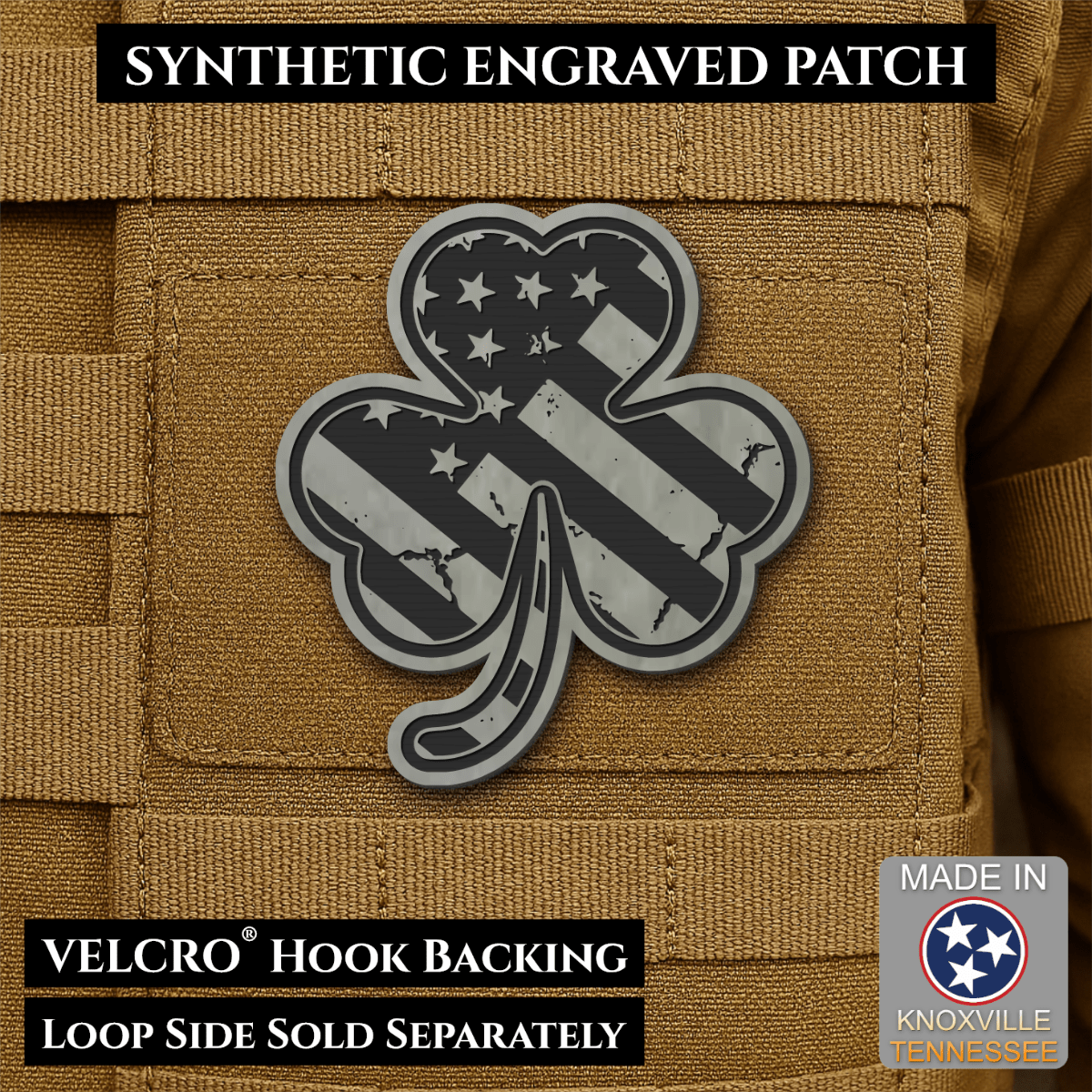 Front design and hook backing of Irish American, Shamrock patch in flint gray