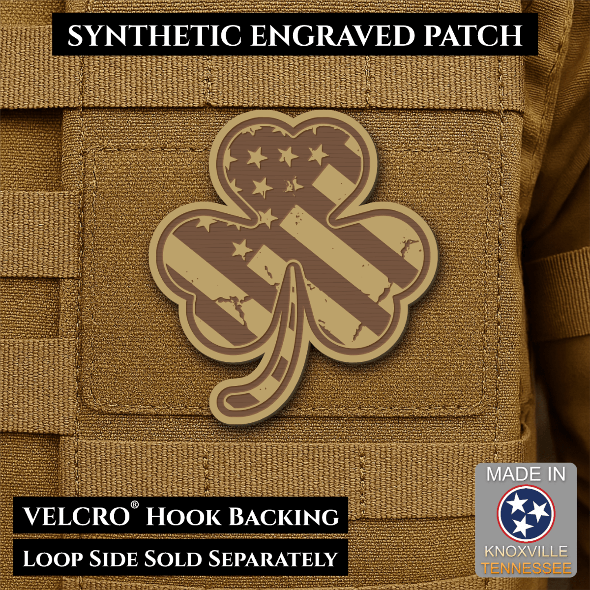 Front design and hook backing of Irish American, Shamrock patch in desert tan / brown