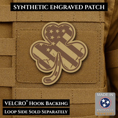 Front design and hook backing of Irish American, Shamrock patch in desert tan / brown