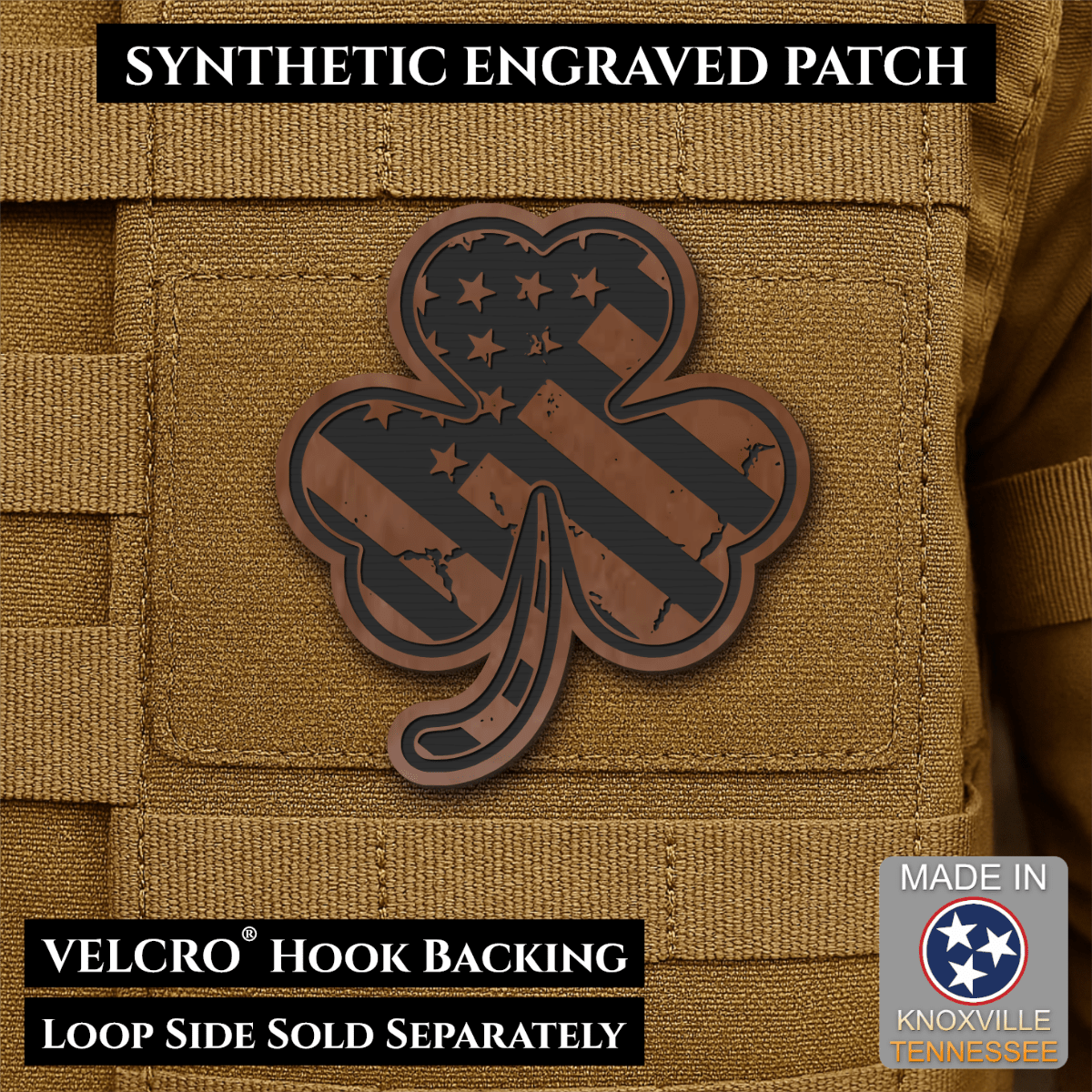 Front design and hook backing of Irish American, Shamrock patch in walnut faux leather