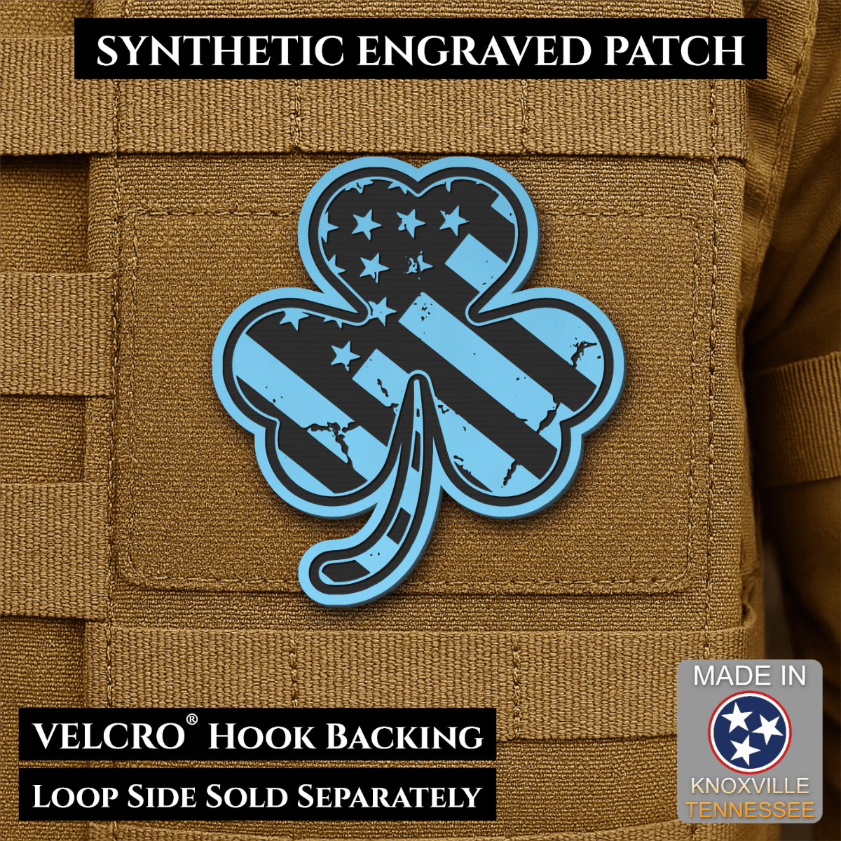 Front design and hook backing of Irish American, Shamrock patch in sky blue