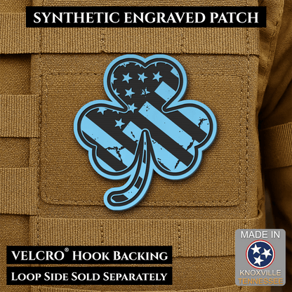Front design and hook backing of Irish American, Shamrock patch in sky blue